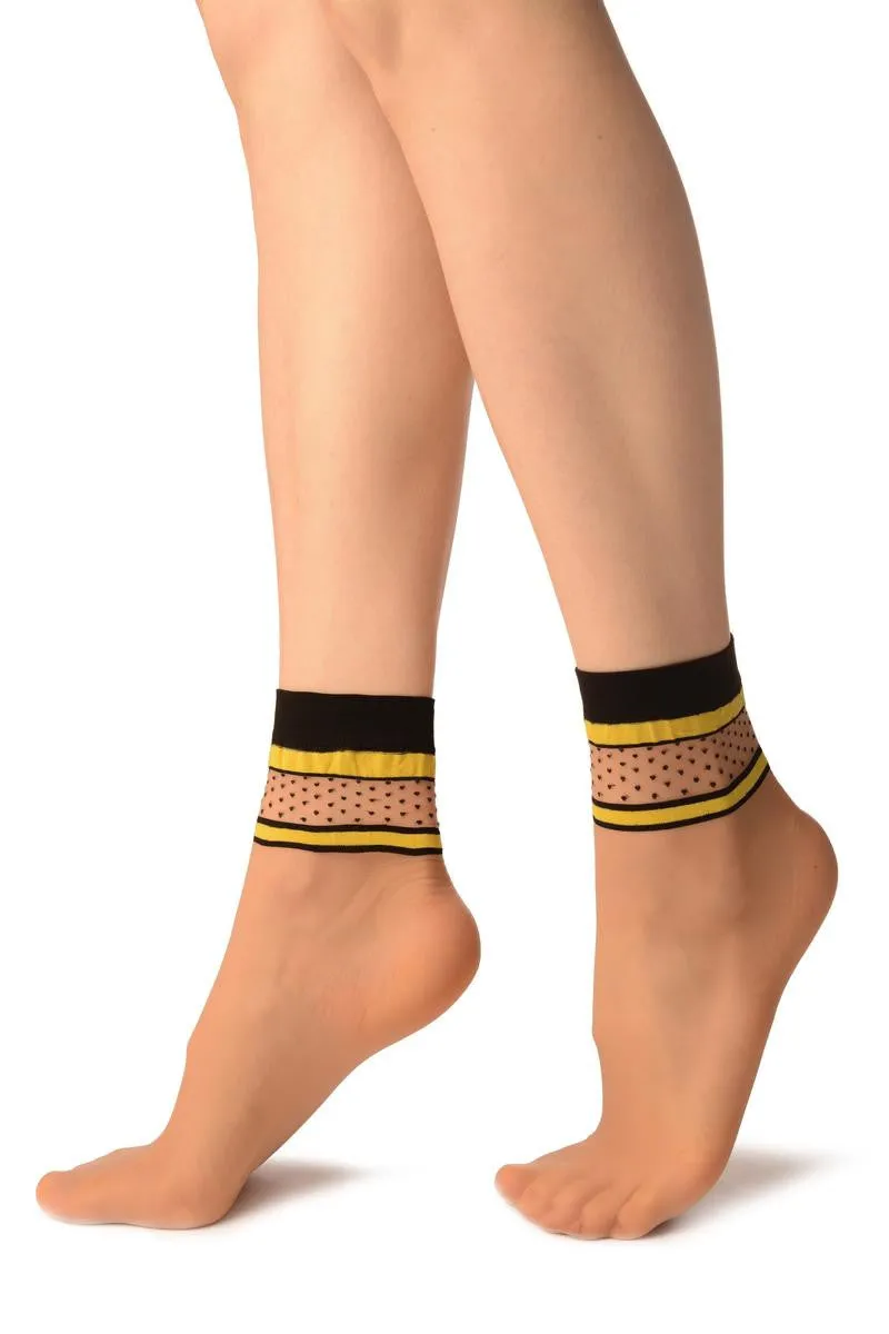 Beige With Yellow Stripes & Black Dots Ankle High Socks