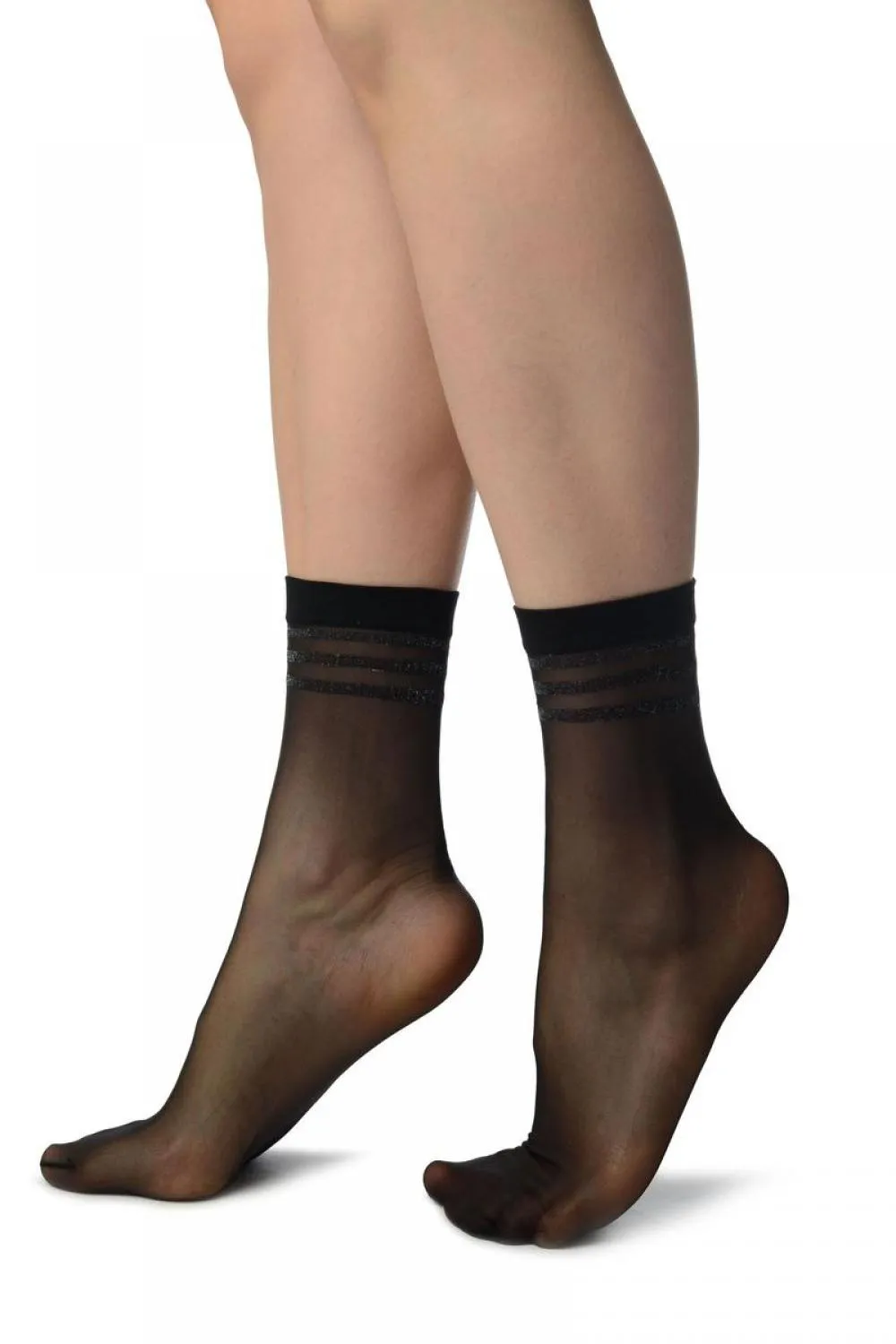 Black With Lurex Striped Top Ankle High Socks