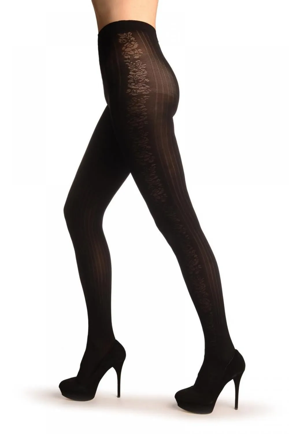 Black With Mesh Stripes & Floral Side Seam