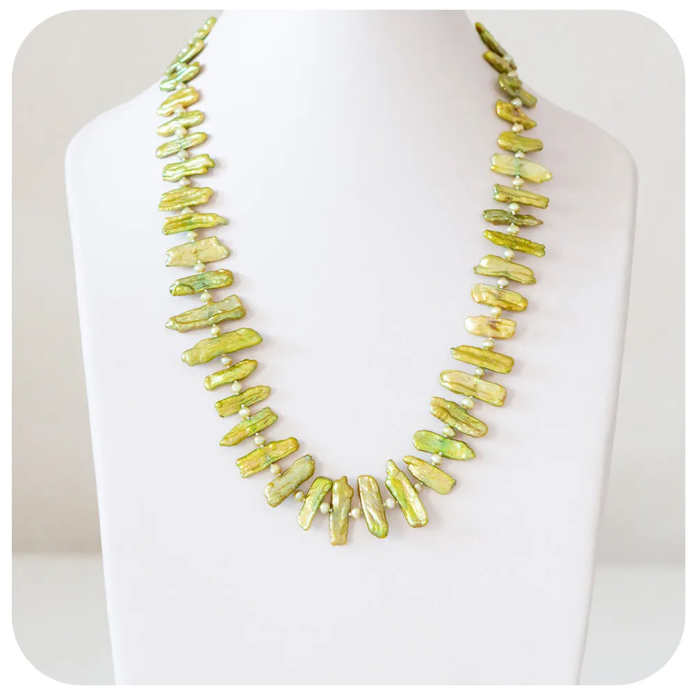 Green Biwa Tooth Pearls with Green Fresh Water Pearl Necklace - 58cm