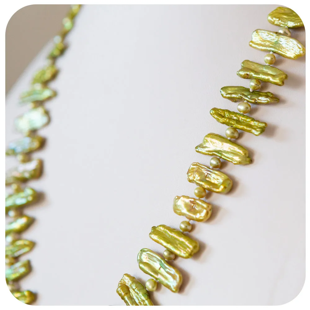 Green Biwa Tooth Pearls with Green Fresh Water Pearl Necklace - 58cm
