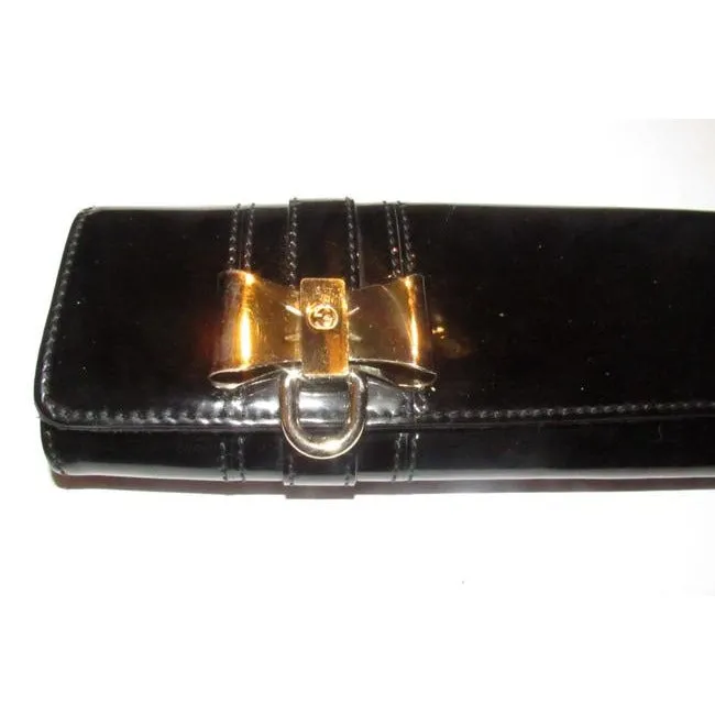 Gucci Black Patent Leather Duchessa Clutch W Gold Bow Accent