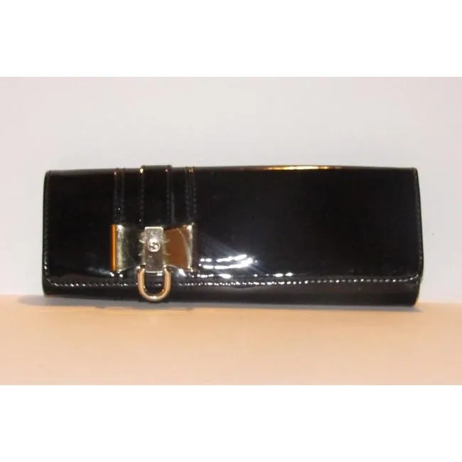 Gucci Black Patent Leather Duchessa Clutch W Gold Bow Accent