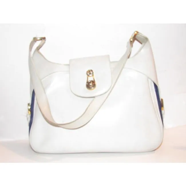 Gucci Vintage Pursesdesigner Purses White Leather With Red And Blue Striped Accents Canvas Shoulder