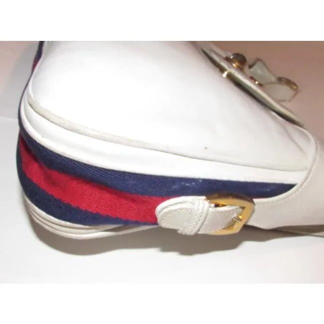 Gucci Vintage Pursesdesigner Purses White Leather With Red And Blue Striped Accents Canvas Shoulder