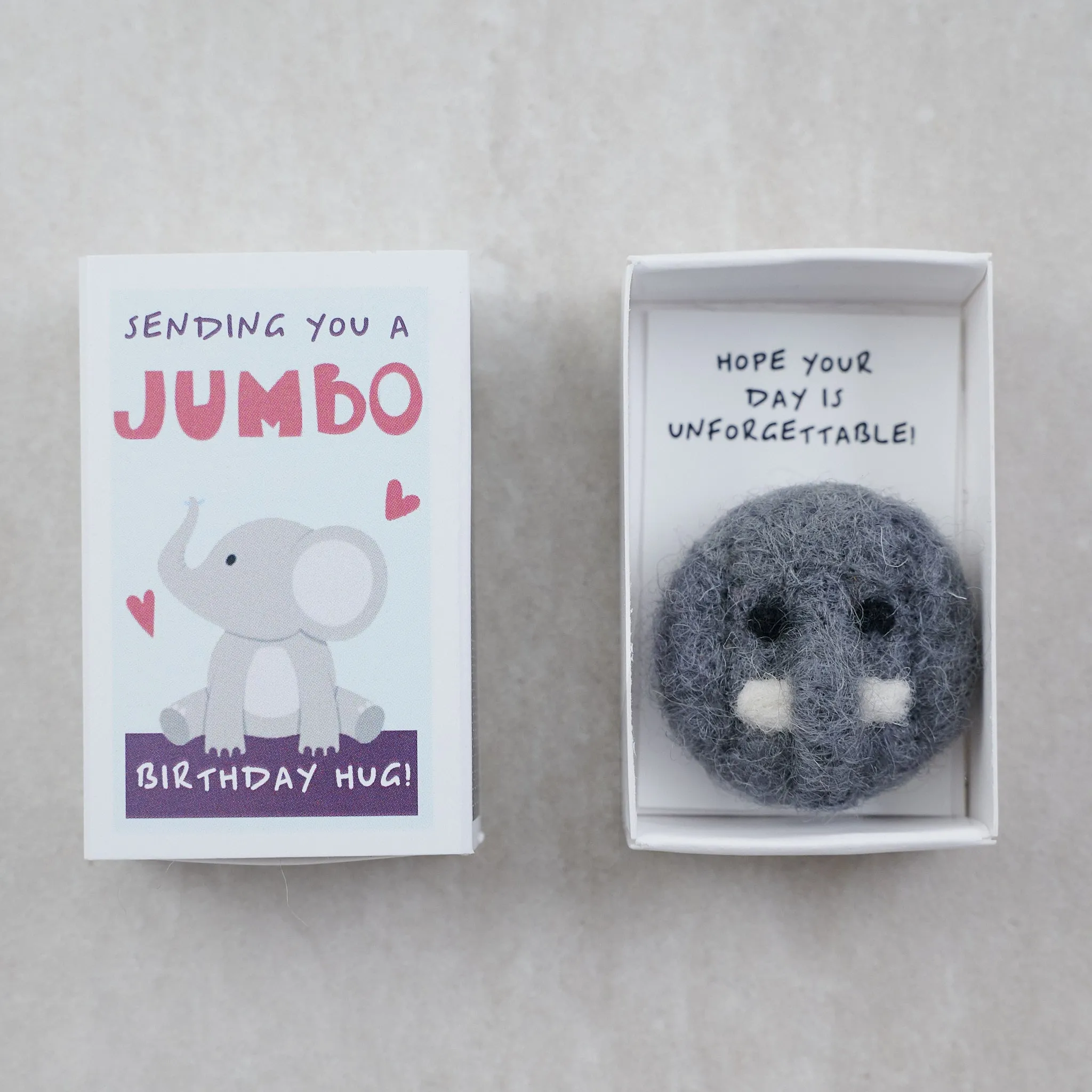 Jumbo Birthday Hug Wool Felt Elephant In A Matchbox